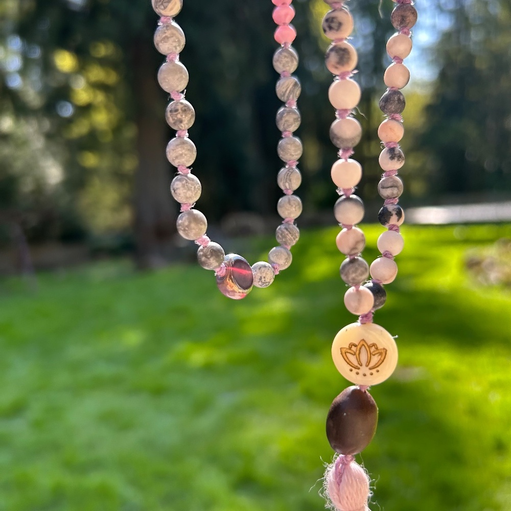 Japa Mala 108 Beads - Pink Jasper, Agate, Indian Glass Beads and Tassel